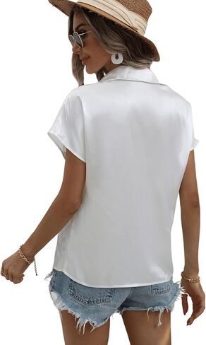 SOLY HUX Women's Twist Front V Neck Short Sleeve Satin Silk Blouse Summer Tops in Saudi Arabia