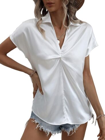 SOLY HUX Women's Twist Front V Neck Short Sleeve Satin Silk Blouse Summer Tops in Saudi Arabia