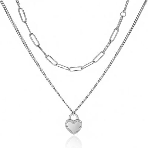 Heart Layered Choker Necklace,Dainty 14k Gold/Silver Filled Heart Pendant Choker Chain Necklace Hip Hop Jewelry for Women in Saudi Arabia