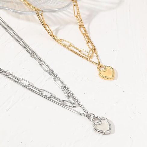Heart Layered Choker Necklace,Dainty 14k Gold/Silver Filled Heart Pendant Choker Chain Necklace Hip Hop Jewelry for Women in Saudi Arabia