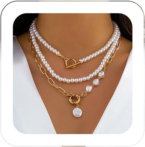 Boho Layered Pearl Choker Necklace Punk Teardrop Pearl Charm Necklace Cuban Paperclip Link Chain Choker Jewelry for Women Girls in Saudi Arabia