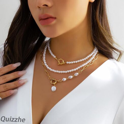 Boho Layered Pearl Choker Necklace Punk Teardrop Pearl Charm Necklace Cuban Paperclip Link Chain Choker Jewelry for Women Girls in Saudi Arabia