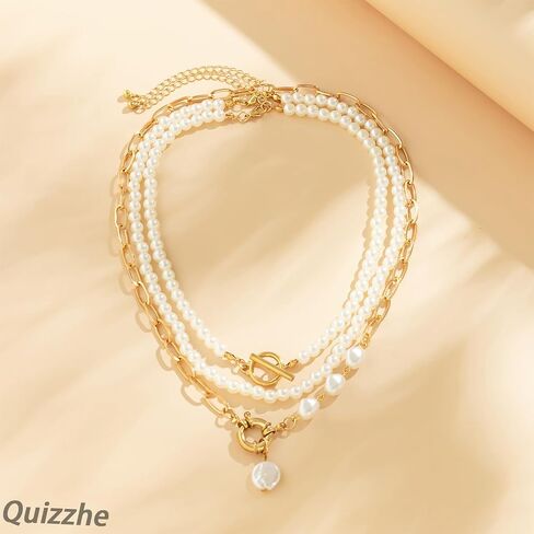 Boho Layered Pearl Choker Necklace Punk Teardrop Pearl Charm Necklace Cuban Paperclip Link Chain Choker Jewelry for Women Girls in Saudi Arabia