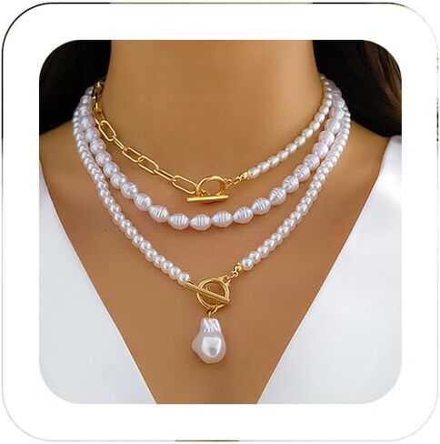 Boho Layered Pearl Choker Necklace Punk Teardrop Pearl Charm Necklace Cuban Paperclip Link Chain Choker Jewelry for Women Girls in Saudi Arabia