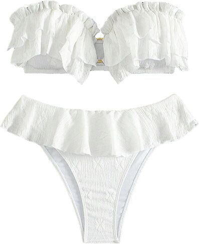 SHENHE Women's 2 Pieces Bandeau Bikini Set O Ring Strapless Ruffle Swimsuit Bathing Suits in Kuwait