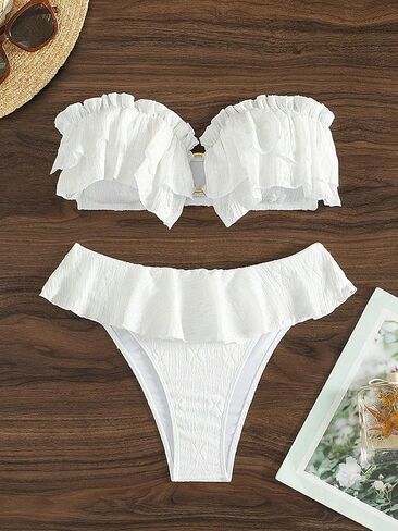 SHENHE Women's 2 Pieces Bandeau Bikini Set O Ring Strapless Ruffle Swimsuit Bathing Suits in Kuwait