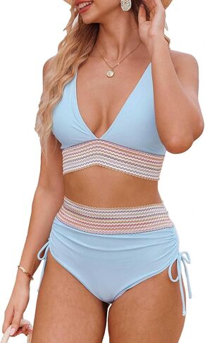 Bluetime Women High Waisted Bikini Set Tummy Control Color Block Swimsuit Two Piece Full Coverage Bathing Suits in Saudi Arabia