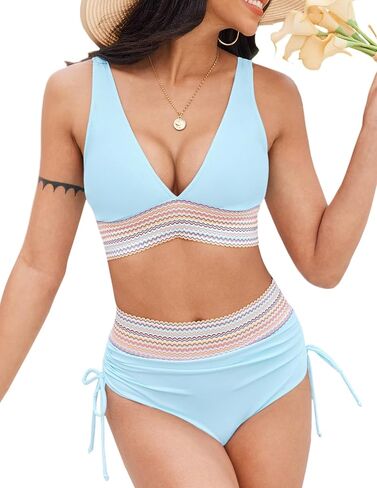 Bluetime Women High Waisted Bikini Set Tummy Control Color Block Swimsuit Two Piece Full Coverage Bathing Suits in Saudi Arabia