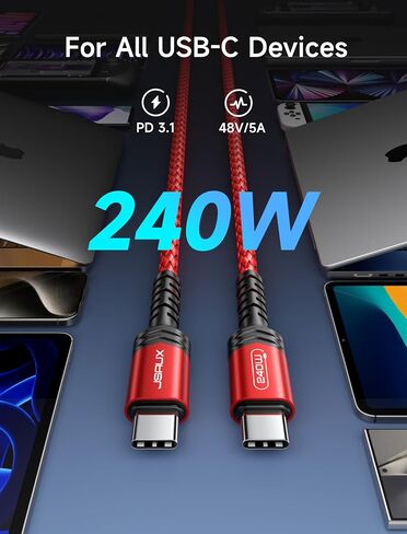 JSAUX 240W USB C to USB C Cable 10FT, Type C Fast Charging Cord, Blue in Saudi Arabia