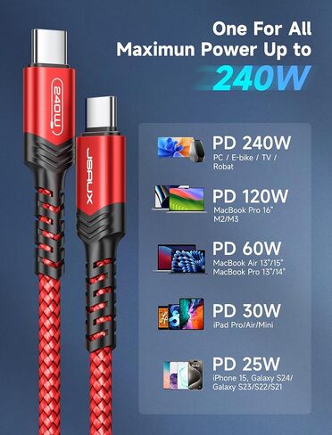 JSAUX 240W USB C to USB C Cable 10FT, Type C Fast Charging Cord, Blue in Saudi Arabia