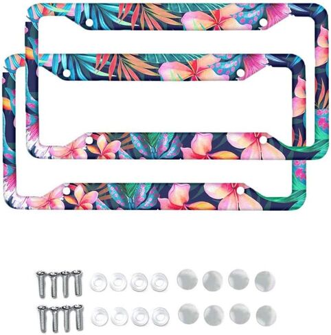 2 Pieces Hawaiian Hibiscus Floral License Plate Frame Decorative License Plate Cover Tropical Flower License Plate Frame with 4 Holes and Screws in Kuwait
