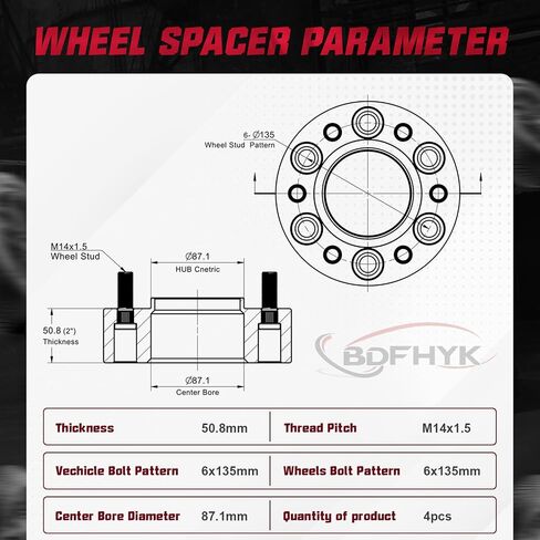 BDFHYK 6x135mm Wheel Spacers, 2 inch Hubcentric Wheel Spacer Compatible with F150 Expedition Lobo 2015-2022, Forged 6 Lug Wheel Adapters M14x1.5 & 87.1 mm Hub Bore Compatible with Navigator, Set of 4 in Saudi Arabia