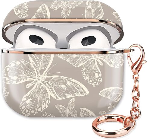 Airpod 3 Case Cute Airpods 3rd Generation Cover Protective Shockproof Hard Cover Shell with Rose Gold Keychain Buds Case for Girl Women Men (Grey Butterfly) in Saudi Arabia