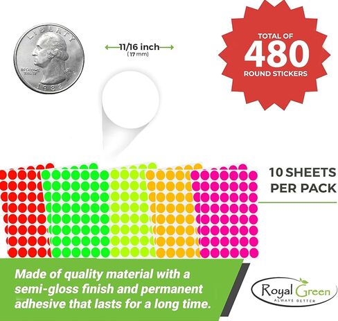 Royal Green Round Stickers 5/8" inch in 18 Assorted Colors. Colored Sticker dots 17mm - 864 Pack in Saudi Arabia