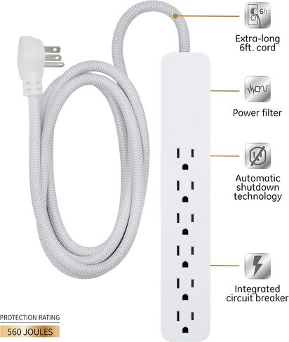 GE UltraPro 6 Outlet Surge Protector, 6 Ft Designer Braided Extension Cord, Flat Plug, Long Power Cord, Wall Mount, White, 45270 in Saudi Arabia