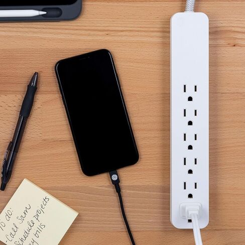 GE UltraPro 6 Outlet Surge Protector, 6 Ft Designer Braided Extension Cord, Flat Plug, Long Power Cord, Wall Mount, White, 45270 in Saudi Arabia