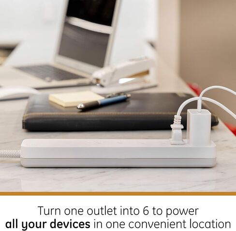 GE UltraPro 6 Outlet Surge Protector, 6 Ft Designer Braided Extension Cord, Flat Plug, Long Power Cord, Wall Mount, White, 45270 in Saudi Arabia