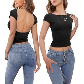 Amoretu Womens Backless Crop Tops Short Sleeve Shirts Summer Slim Fit Y2k Tight T Shirts