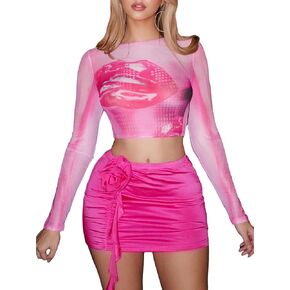 Verdusa Women's Mesh Crop Top Boat Neck Long Sleeve Y2k Crop Tee Tops
