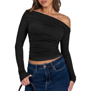 ANRABESS Womens Off Shoulder Long Sleeve Shirts Slim Fitted Sexy Tight Going Out Crop Tops Blouses Y2K Outfits 2024 Trendy
