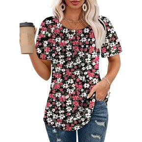 Womens T Shirts Short Sleeve Pleated Dressy Casual Scooped Neck Summer Tops Blouses