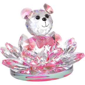 Handmade Crystal Bear & Flower Figurine Collection, Paperweight Table Centerpiece, Gift for Valentine's Day Mother's Day Christmas Anniversary Birthday Thanksgiving Girls (Pink)