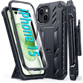 FNTCASE for iPhone 15 Phone Case: Military Grade Shockproof Full Protective Rugged Cell Phone Cover with Kickstand & Belt-Clip Holster, Heavy Duty Drop Proof Hard iPhone 15 Cases 5G - 6.1 Inch Black