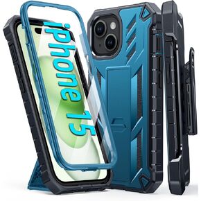 FNTCASE لحافظة هاتف iPhone 15: غطاء هاتف خلوي متين مقاوم للصدمات من الدرجة العسكرية مع مسند ومشبك حزام، جرابات iPhone 15 متينة مقاومة للسقوط 5G - 6.1 بوصة أسود