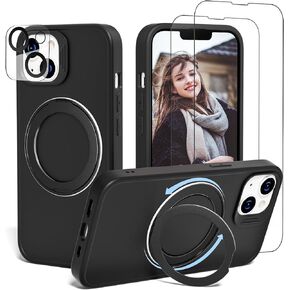 for iPhone 13 Case/iPhone 14 Case 6.1'',360° Rotating Magnetic metals Ring Stand,with[2xScreen Protector+2xLens Protectors]Shockproof Silicone Phone Case Compatible with MagSafe (Colorful Pink)