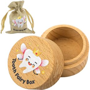 Tooth Fairy Box with Drawstring Storage Wood Bag, Cute Wooden Tooth Keepsake Box for First Lost Teeth Cartoon Tooth Holder to Put Under Pillow Birthday Gift for Girls Boys (Mask)