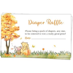 Winnie the Pooh Baby Shower Diaper Raffle Ticket Diaper Wipes Raffle Ticket Insert Request Prize Pooh Bear Piglet Autumn Fall Leaves Pumpkin Unisex Gender Neutral Printed Cards (50 Count)