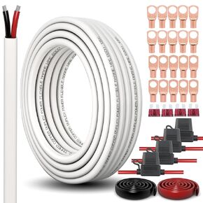 10 Gauge Duplex Marine Wire Tinned Copper Boat Wire,20FT 10/2 AWG Standard USA OFC Oxygen Free Copper Wire with 4 PCS 40A Fuse Holder,Lugs Terminal Connectors and 3 :1 Heat Shrink Tube