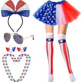 Geyoga Patriotic Costume Accessories Set Red White Blue Tutu,Necklaces,Tassel Earring,Sunglasses,Bow Headband,Stocking