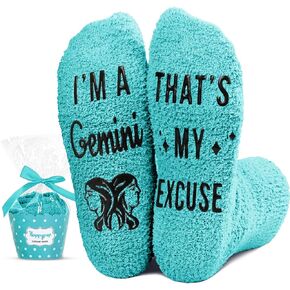 HAPPYPOP Gemini Zodiac Birthday Astrology Constellation Horoscope Gifts for Women Teen Girls, Fuzzy Green Fluffy Space Galaxy Gemini Socks Teens