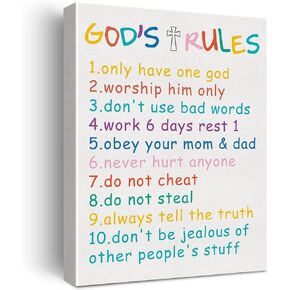 Ten Commandments Religious Scripture Print Canvas Kids Wall Art Christian Office Home Nursery Decor 10 Commandments Bible Verse Poster Picture Artwork 11.5"x15" (Wooden Framed)