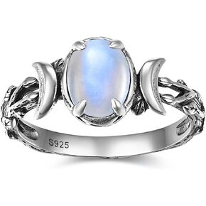 Triple Moon Rings 925 Sterling Silver Moon Phase Rings for Women Oval Moonstone/Teal Turquoise/Moss Agate Inlay Western Boho Gemstone Ring Jewelry Gift for Girls Women Fit Size 5-9