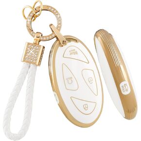PIFOOG Key Fob Cover for Hyundai Kona 2024 Ioniq 6 Elantra Santa Fe Sonata 5 Button Car Keys Case Shell Accessories Bling Keychain Remote Key Protector Full Covers Girly Women White Gold TPU