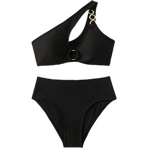 MakeMeChic Women's 2 Piece High Waisted Bikini Set Cut Out One Shoulder Ring Bathing Suit Swimsuit