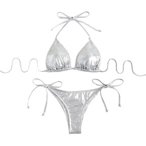 WDIRARA Women's Metallic Halter Triangle Bra & Knotted Side Bikini Sets 2 Piece Tie Backless Swimwear Set