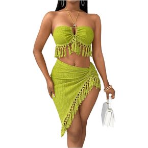 SHENHE Women's 2 Piece Textured Halter Fringe Tie Back Crop Top with Sarong Cover Up Sexy Bathing Suit