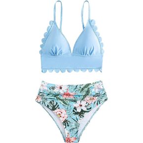 SweatyRocks Women's 2 Piece Bikini Set Tropical Pattern Scallop Trim Push Up High Cut Swimsuit