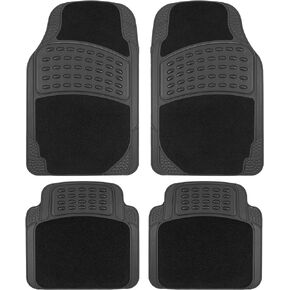 BDK HybridMat Automotive Rubber & Carpet Floor Mats, Front & Rear Seat Mat Set of Interior Liners for Car Sedan SUV Van, Heavy Duty All Weather, Semi-Trim to Fit, Black