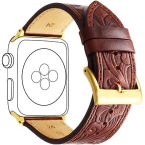 for Apple Watch Band 45mm 44mm 42mm 41mm 40mm 38mm, Carved Handmade Bump Retro Genuine Leather Flower Replacement Strap for Men Women Brown Bracelet for Iwatch Series 7 6 5 SE 4 3 2 1