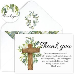 AnyDesign 48Pcs Funeral Thank You Cards Sympathy Thank You Card with Stickers Envelopes Watercolor Greenery Cross Bereavement Card with Message for Memorial Service Loved Ones Celebration of Life