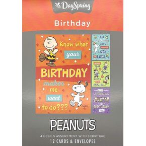 DaySpring - Peanuts - Happy Birthday - 4 Design Assortment with Scripture - 12 Boxed Cards & Envelopes (J0381)