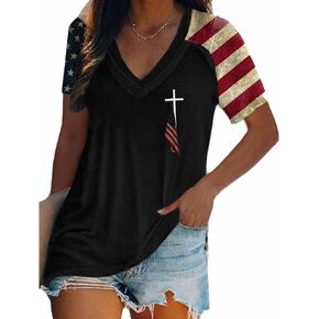 USA Flag Cross Shirt Vintage Cross T Shirt Christian Shirt 4Th of July T-Shirts for Women, PT