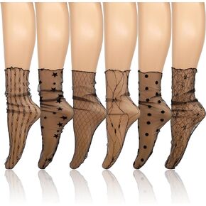 6 Pairs Black Sheer Lace Socks for Women Fashion Loose Tulle Socks See Through Transparent Decorated Slouch Ankle High Mesh Socks