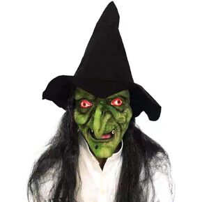 Halloween Old Witch Mask Scary Green Creepy Old Hag Mask with Hair Hat Cosplay Prop Horror Wizard Dress Up Mask