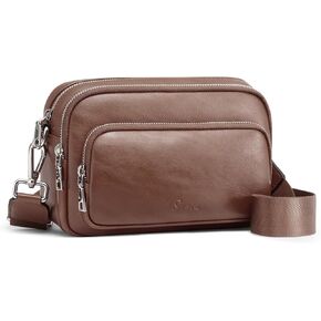 S-ZONE Genuine Leather Crossbody Bags for Women Trendy Small Purses Over the Shoulder Handbags with Wide Strap Card Slots