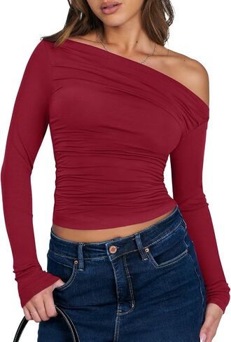 ANRABESS Womens Off Shoulder Long Sleeve Shirts Slim Fitted Sexy Tight Going Out Crop Tops Blouses Y2K Outfits 2024 Trendy in Saudi Arabia